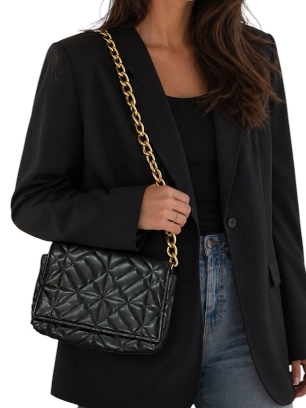 Zara Women's Black Quilted Shoulder Bag with Gold Chain Strap​